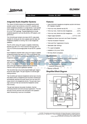ISL54004IRTZ datasheet - Integrated Audio Amplifier Systems