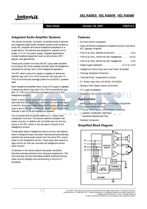 ISL54003 datasheet - Integrated Audio Amplifier Systems