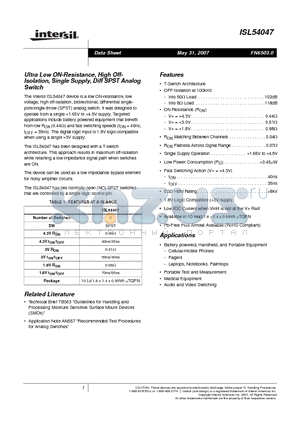ISL54047 datasheet - Ultra Low ON-Resistance, High Off- Isolation, Single Supply, Diff SPST Analog Switch