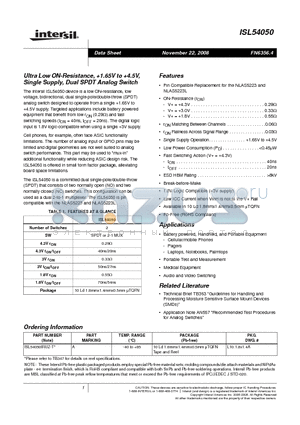 ISL54050 datasheet - Ultra Low ON-Resistance, 1.65V to 4.5V, Single Supply, Dual SPDT Analog Switch