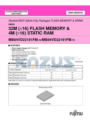 MB84VD22181FM-70 datasheet - 32M (X16) FLASH MEMORY & 4M (X16) STATIC RAM