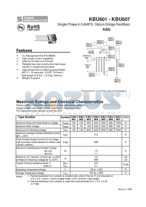 KBU607 datasheet - Single Phase 6.0 AMPS. Silicon Bridge Rectifiers