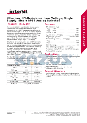 ISL54051IRUZ-T datasheet - Ultra Low ON-Resistance, Low Voltage, Single Supply, Single SPST Analog Switches