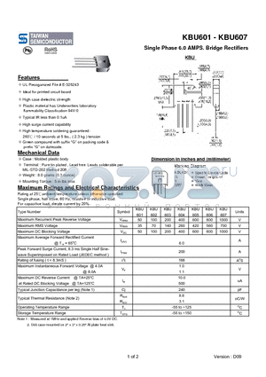 KBU607 datasheet - Single Phase 6.0 AMPS. Bridge Rectifiers