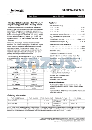 ISL54049 datasheet - Ultra Low ON-Resistance, 1.65V to 4.5V, Single Supply, Dual SPST Analog Switch