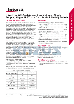 ISL54054IHZ-T datasheet - Ultra Low ON-Resistance, Low Voltage, Single Supply, Single SPST/1:2 Distribution Analog Switch