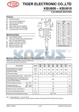 KBU608 datasheet - 6.0A BRIDGE RECTIFIER