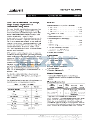 ISL54054_0709 datasheet - Ultra Low ON-Resistance, Low Voltage, Single Supply, Single SPST/1:2 Distribution Analog Switch