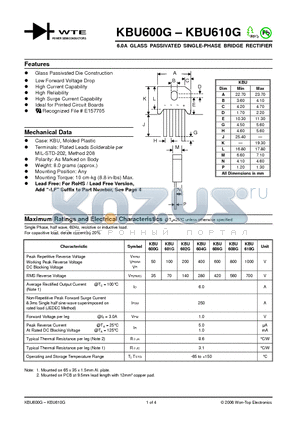 KBU610G datasheet - 6.0A GLASS PASSIVATED SINGLE-PHASE BRIDGE RECTIFIER