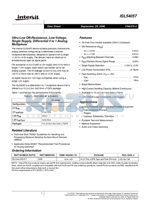 ISL54057 datasheet - Ultra Low ON-Resistance, Low-Voltage, Single Supply, Differential 4 to 1 Analog Multiplexer