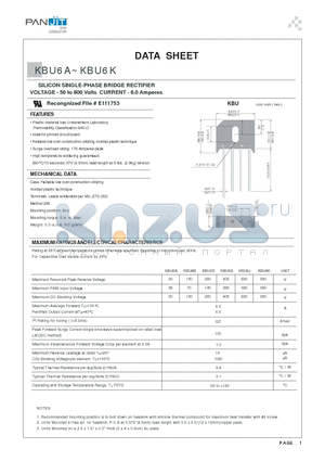 KBU6A datasheet - SILICON SINGLE-PHASE BRIDGE RECTIFIER(VOLTAGE - 50 to 800 Volts CURRENT - 6.0 Amperes)