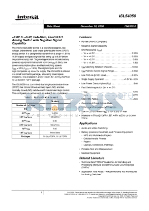 ISL54059 datasheet - 1.8V to 6.5V, Sub-Ohm, Dual SPDT Analog Switch with Negative Signal Capability