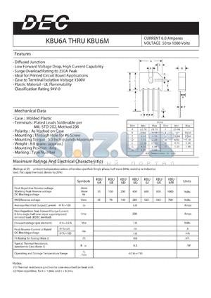 KBU6A datasheet - CURRENT 6.0 Amperes VOLTAGE 50 to 1000 Volts
