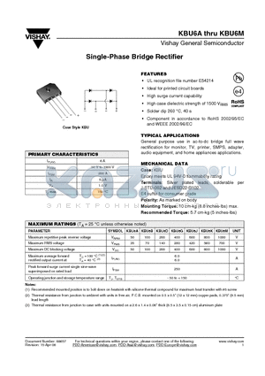 KBU6A datasheet - Single-Phase Bridge Rectifier