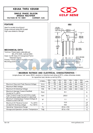 KBU6A datasheet - SINGLE PHASE SILICON BRIDGE RECTIFIER VOLTAGE: 50 TO 1000V CURRENT: 6.0A