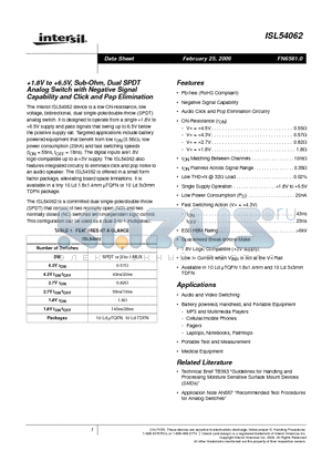 ISL54062 datasheet - 1.8V to 6.5V, Sub-Ohm, Dual SPDT Analog Switch with Negative Signal Capability and Click and Pop Elimination