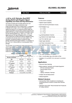 ISL54063IRTZ-T datasheet - 1.8V to 6.5V, Sub-ohm, Dual SPST