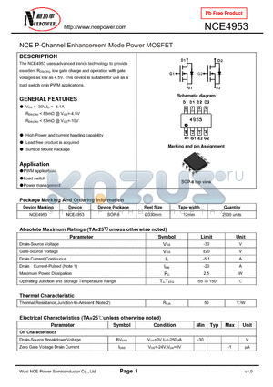 NCE4953 datasheet - NCE P-Channel Enhancement Mode Power MOSFET