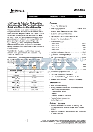 ISL54065IRUZ-T datasheet - 1.8V to 6.5V, Sub-ohm, Click and Pop Elimination, Dual SPDT w/ Enable, Analog Switch with Negative Signal Capability