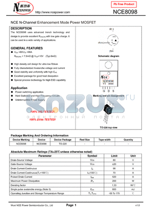 NCE8098 datasheet - NCE N-Channel Enhancement Mode Power MOSFET