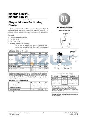M1MA142KT1G datasheet - SC-70/SOT-323 PACKAGE SINGLE SILICON SWITCHING DIODE 40/80 V-100 mA SURFACE MOUNT