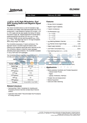 ISL54066IRZ datasheet - 1.8V to 6.5V, High Off-Isolation, Dual SPST Analog Switch