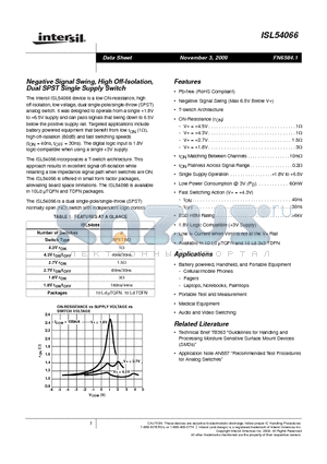 ISL54066IRZ-T datasheet - Negative Signal Swing, High Off-Isolation, Dual SPST Single Supply Switch