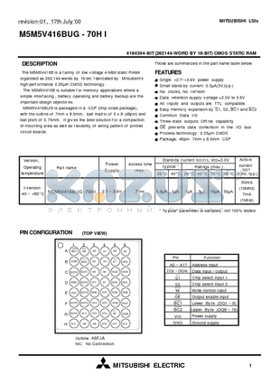 M5M5V416BUG-70HI datasheet - 4194304-BIT (262144-WORD BY 16-BIT) CMOS STATIC RAM