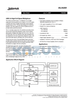 ISL54200IRZ datasheet - USB 2.0 High/Full Speed Multiplexer