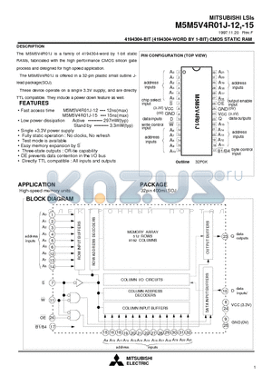 M5M5V4R01J-15 datasheet - 4194304-BIT (4194304-WORD BY 1-BIT) CMOS STATIC RAM