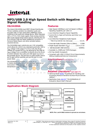 ISL54206AIRUZ-T datasheet - MP3/USB 2.0 High Speed Switch with Negative Signal Handling