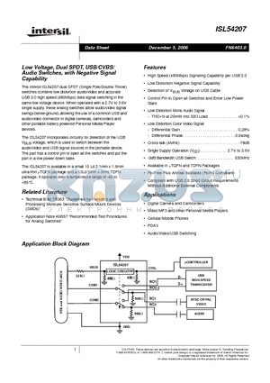 ISL54207IRUZ-T datasheet - Low Voltage, Dual SPDT, USB/CVBS/ Audio Switches, with Negative Signal Capability