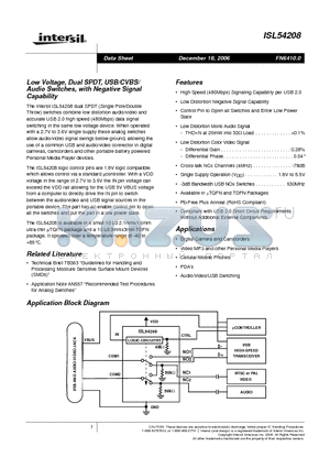 ISL54208 datasheet - Low Voltage, Dual SPDT, USB/CVBS/ Audio Switches, with Negative Signal Capability