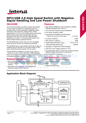 ISL54209 datasheet - MP3/USB 2.0 High Speed Switch with Negative Signal Handling and Low Power Shutdown