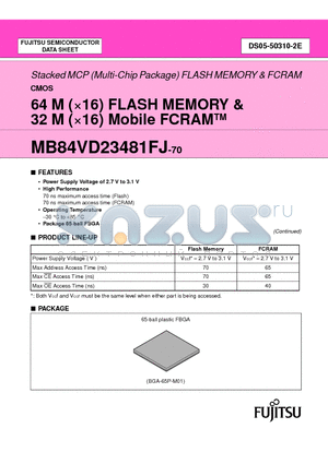 MB84VD23481FJ-70PBS datasheet - 64 M (16) FLASH MEMORY & 32 M (16) Mobile FCRAM