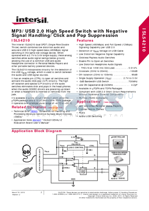 ISL54210 datasheet - MP3/USB 2.0 High Speed Switch with Negative Signal Handling/Click and Pop Suppression