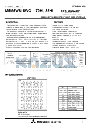 M5M5W816WG-70HI datasheet - 8388608-BIT (524288-WORD BY 16-BIT) CMOS STATIC RAM