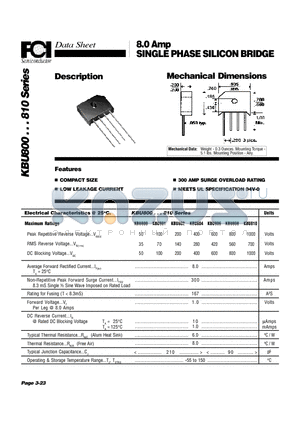 KBU800 datasheet - 8.0 Amp SINGLE PHASE SILICON BRIDGE