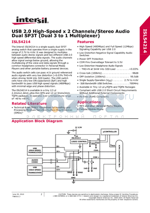 ISL54214IRTZ-T datasheet - USB 2.0 High-Speed x 2 Channels/Stereo Audio Dual SP3T Dual 3-to-1 Multiplexer
