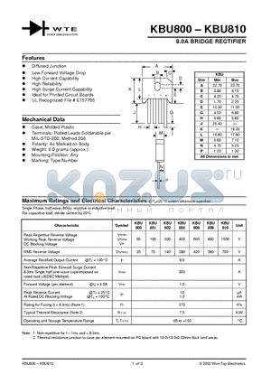 KBU801 datasheet - 8.0A BRIDGE RECTIFIER