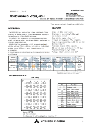 M5M5Y816WG-70HI datasheet - 8388608-BIT (524288-WORD BY 16-BIT) CMOS STATIC RAM