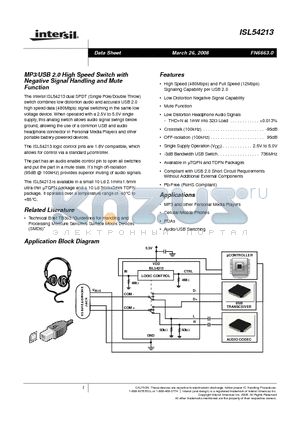 ISL54213IRTZ-T datasheet - MP3/USB 2.0 High Speed Switch with Negative Signal Handling and Mute Function