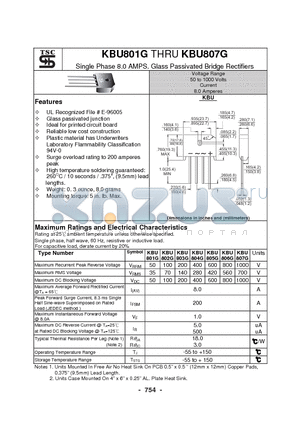 KBU801G datasheet - Single Phase 8.0 AMPS. Glass Passivated Bridge Rectifiers