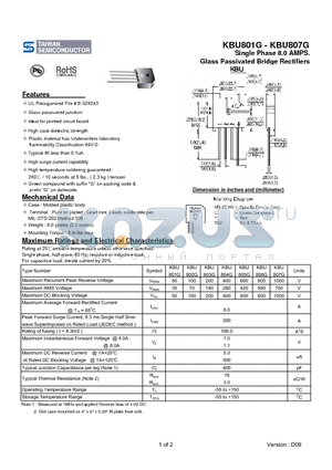 KBU801G datasheet - Single Phase 8.0 AMPS. Glass Passivated Bridge Rectifiers