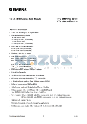 Q67100-Q2003 datasheet - 1M x 64-Bit Dynamic RAM Module