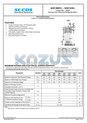 KBU801G datasheet - Voltage 50V ~ 1000V 8.0Amp Glass Passivited Bridge Rectifiers