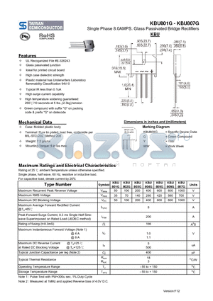 KBU801G datasheet - Single Phase 8.0AMPS. Glass Passivated Bridge Rectifiers