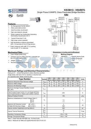 KBU801G_12 datasheet - Single Phase 8.0AMPS. Glass Passivated Bridge Rectifiers
