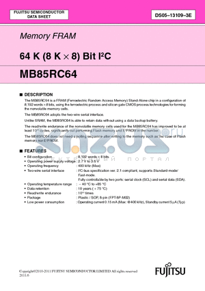 MB85RC64PNF-G-JNE1 datasheet - Memory FRAM 64 K (8 K x 8) Bit I2C