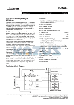 ISL54222A datasheet - High-Speed USB 2.0 (480Mbps) Multiplexer